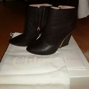 Chloe point toe leather black ankle bootie